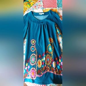 Aryeh by Anthropologie S Teal Green Geometric Boho Artsy Bishop Sleeve Dress